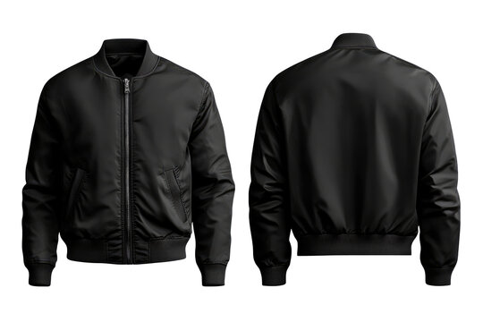 stylish black bomber jacket for your mockup, front and back view. transparent background