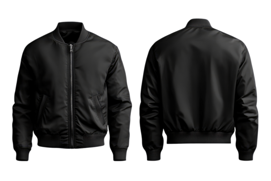 stylish black bomber jacket for your mockup, front and back view. transparent background