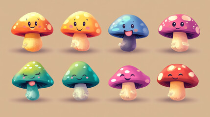 A set of cute cartoon mushrooms with happy faces and winking eyes. They have bright colors and are perfect for kids' illustrations or wallpaper.