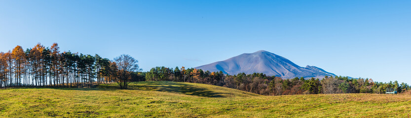 Fototapeta premium 牧草地から見える浅間山のパノラマ写真