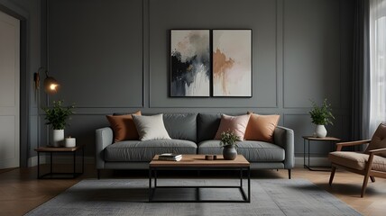 Stylish living room with comfortable sofa near grey wall. Interior design and matching color palette.