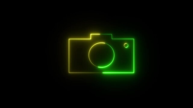 Light glowing neon yellow and green color camera animation icon camera frame pictogram photograph animated on black background.