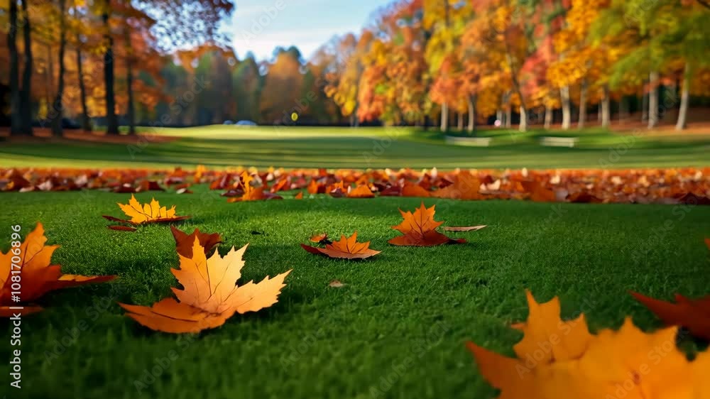 Poster autumn leaves on green grass with soft focus and bokeh. macro shot of fall season concept for design