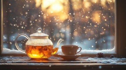 Fototapeta premium Teapot and cup by snowy window warm winter ambiance