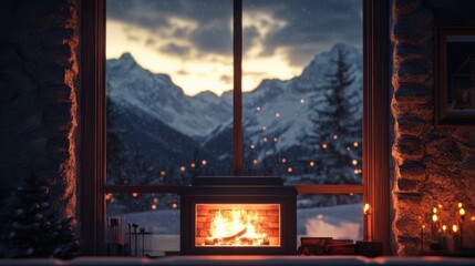 Cozy fireplace with snowy mountain view and soft bokeh effect