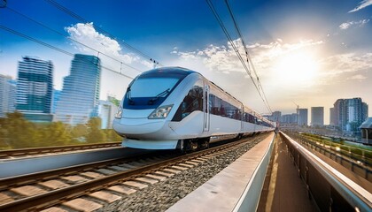 Fototapeta premium electric passenger train Drive at high speed amidst the urban landscape.