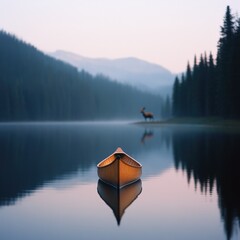 A tranquil morning scene with a canoe on a still lake, reflecting the surrounding nature.