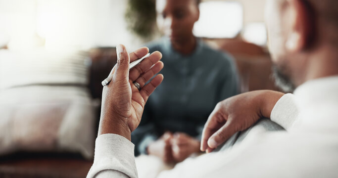 Psychologist, hands and client with consultation, mental health and grief therapy with support. Counselling, people or woman on couch, anxiety or steps with patient, advice and trauma with stress