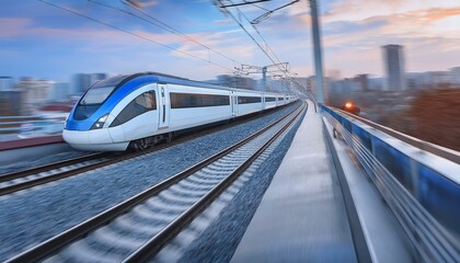 Fototapeta premium electric passenger train Drive at high speed amidst the urban landscape.