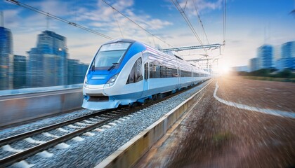 Naklejka premium electric passenger train Drive at high speed amidst the urban landscape.