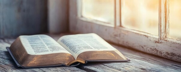 Obraz premium Aged, open book on a rough wooden surface, illuminated by warm light from a window, creating a peaceful, nostalgic atmosphere