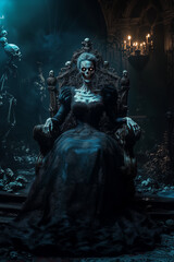 Fototapeta premium A mysterious figure in a dark, gothic setting surrounded by skeletons and candles at night