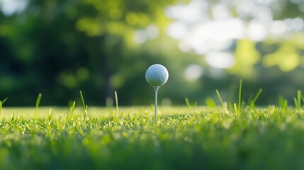 A golf ball on the tee with blurred green background, outdoor setting on a perfectly manicured fairway, Tranquil style