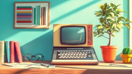 Fototapeta premium Retro computer on desk with plant, glasses and papers.