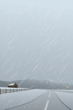 Countryside landscape in rainy day have mountain ranges and dusk sky vertical background graphic illustration.