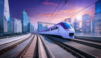 Naklejka premium electric passenger train Drive at high speed amidst the urban landscape.