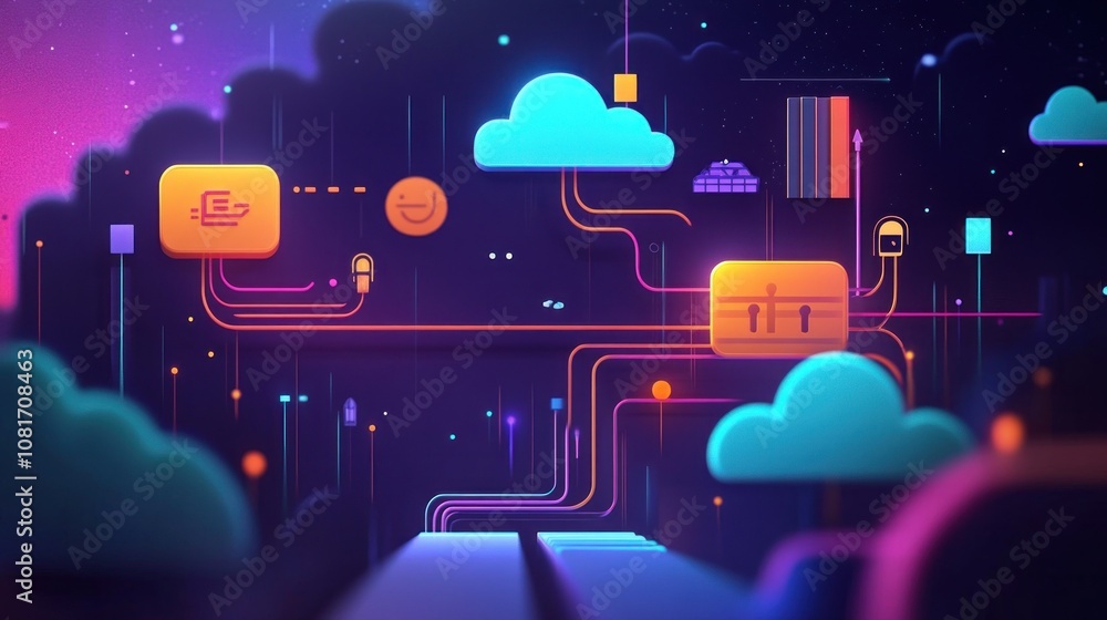 Poster a colorful abstract illustration of a futuristic network with icons and lines.