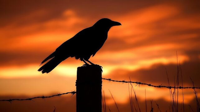 A crow silhouetted against a fiery sunset, perched on a wooden fence post with barbed wire. - Powered by Adobe