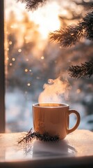 Steaming tea mug on frosted glass table with winter landscape view