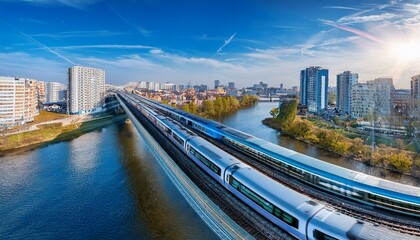 electric passenger train Drive at high speed amidst the urban landscape.