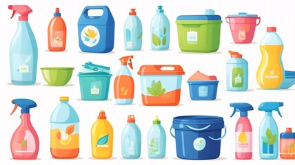 Vibrant Vector Collection of Household Cleaning Products with Retro Modern, Minimalist, Isometric Design V4