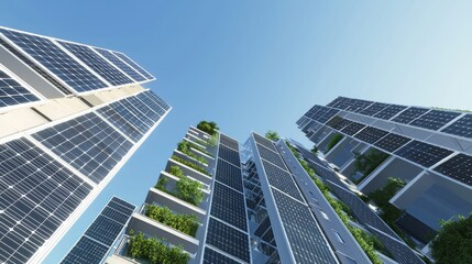 Obraz premium Modern Architectural Innovation - Detailed Energy-Efficient Building with Solar Panels and Green Roofs against Clear Blue Sky