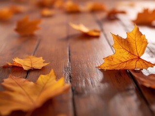 Autumn leaves scattered on a wooden floor.