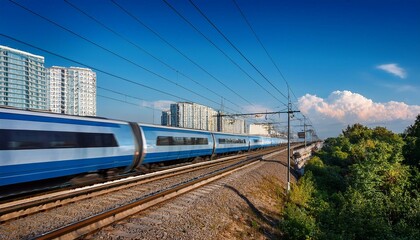 Fototapeta premium electric passenger train Drive at high speed amidst the urban landscape.