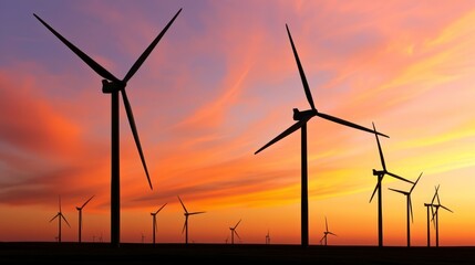 Majestic Sunset Silhouette of Wind Turbines in Colorful Sky - Renewable Energy Generation Concept