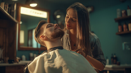  Young female barber shaping a man’s beard with razor, stylish salon interior