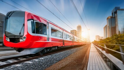 Fototapeta premium electric passenger train Drive at high speed amidst the urban landscape.
