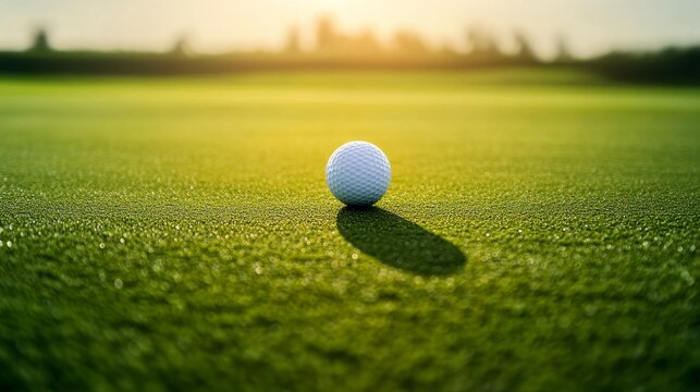 A golf ball rolling towards the hole on the green, outdoor setting with morning dew, Tranquil style