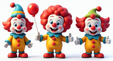 Fototapeta premium Colorful Clown Trio Illustration with Red Balloon - Cheerful Cartoon Characters for Parties, Celebrations, and Carnival Themes