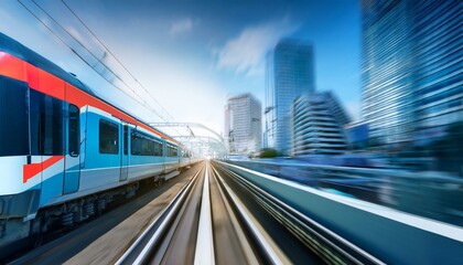 Naklejka premium electric passenger train Drive at high speed amidst the urban landscape.