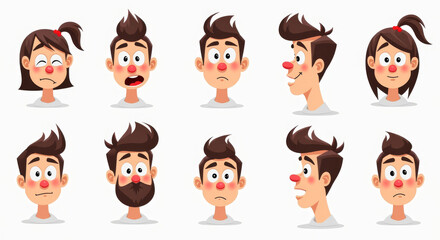 Cartoon Expression Set with Diverse Emotions Featuring Characters with Red Noses ? Illustration Collection for Emotional Design Projects