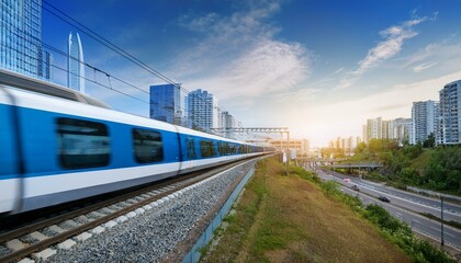 Obraz premium electric passenger train Drive at high speed amidst the urban landscape.