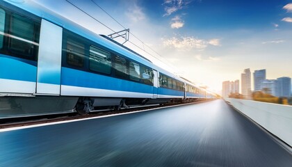 Naklejka premium electric passenger train Drive at high speed amidst the urban landscape.