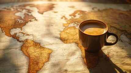 A cup of coffee on a vintage world map, with sunlight shining through a window.