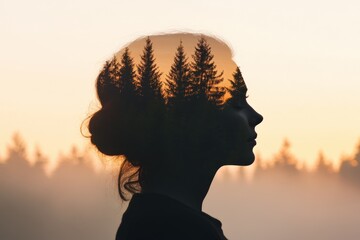 A serene silhouette of a woman with a forest overlay, symbolizing harmony with nature.