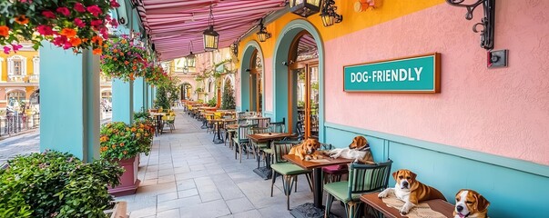 Pet friendly concept with Dog-Friendly sign. Restaurant with a patio "DOG-FRIENDLY" sign, dogs relaxing by tables, colorful and inviting setting