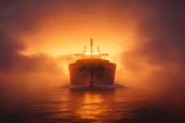 A ship emerges from the fog at sunrise, creating a dramatic silhouette.