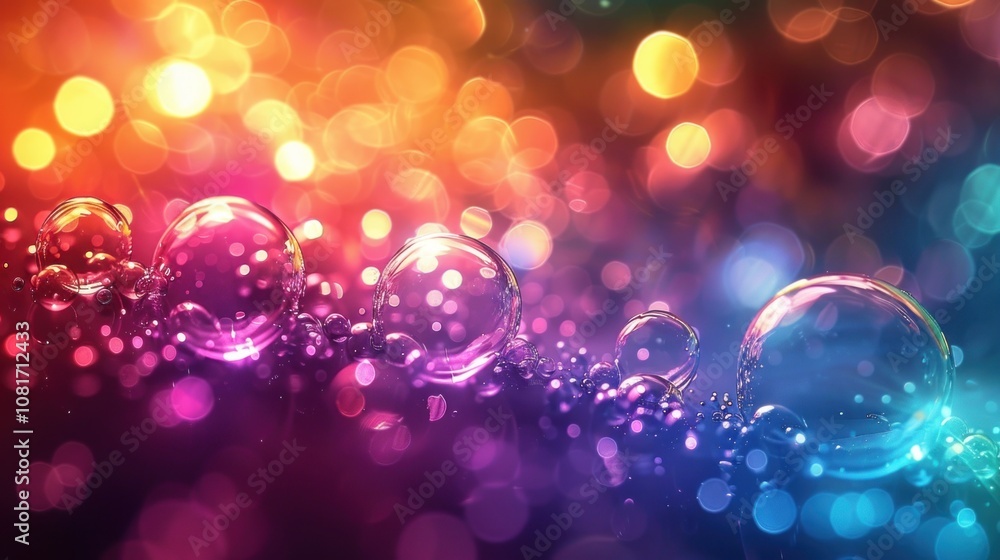 Poster colorful bubbles with bokeh lights in the background.
