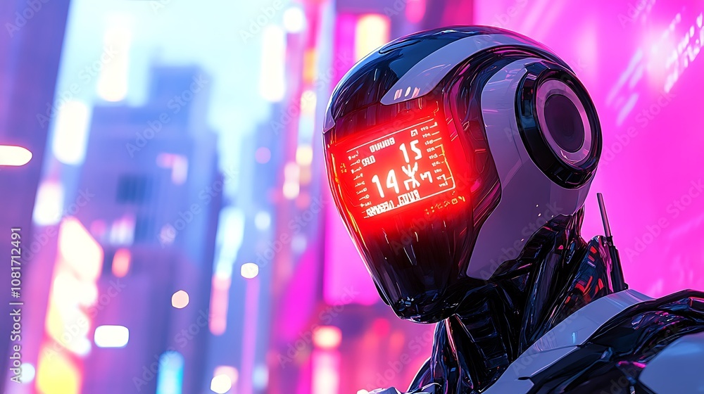 Poster futuristic cyborg with digital timer in urban setting