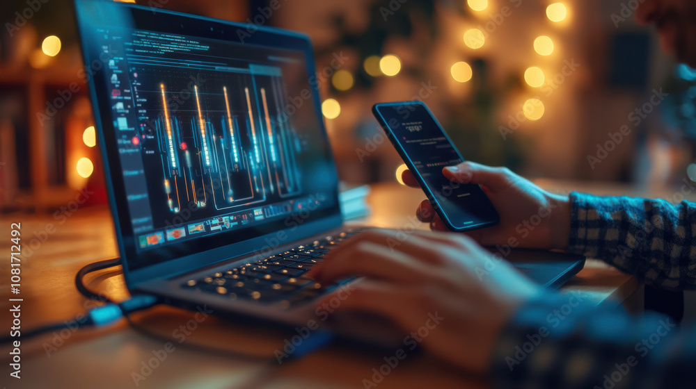 Poster a person analyzes data on a laptop while using a smartphone, with soft lighting and festive bokeh in