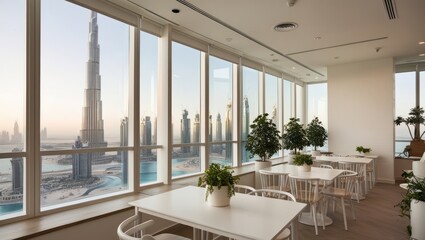 Fototapeta premium A coffee shop with a view of skyscrapers in the United Arab Emirates