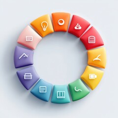 A colorful circular arrangement of icons representing various concepts and ideas.