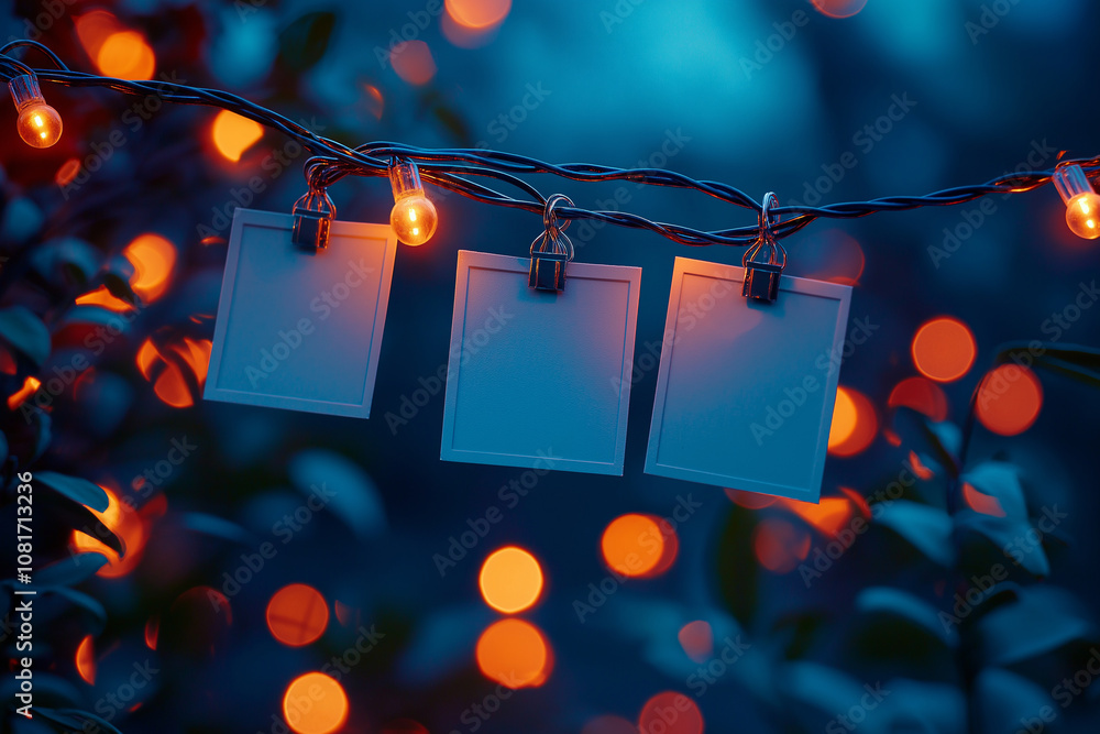 Poster blank photo frames hanging on string lights with bokeh background