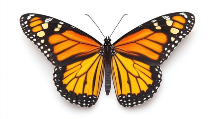 A vibrant orange and black monarch butterfly with its wings spread wide against a white background.