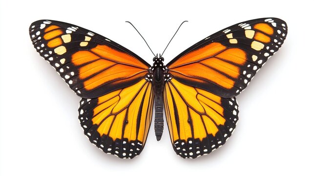 A vibrant orange and black monarch butterfly with its wings spread wide against a white background.