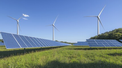Harmony of Sustainable Energy: Solar Panels and Wind Turbines in Rural Landscape